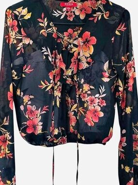 GUESS Black Floral Tie-Neck Blouse with Pink & Yellow Blooms
